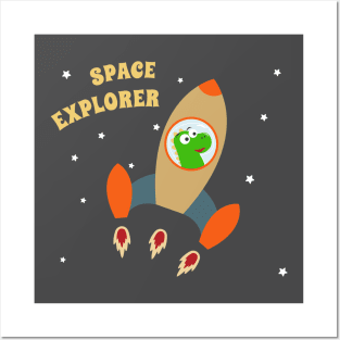cute dinosaur astronaut play with his rocket. Posters and Art